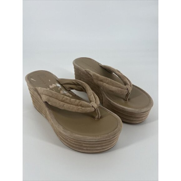 Veronica Beard Womens Size 8.5 Geno Cork Wedge Slide Sandals Tan Suede Thong - Picture 2 of 12